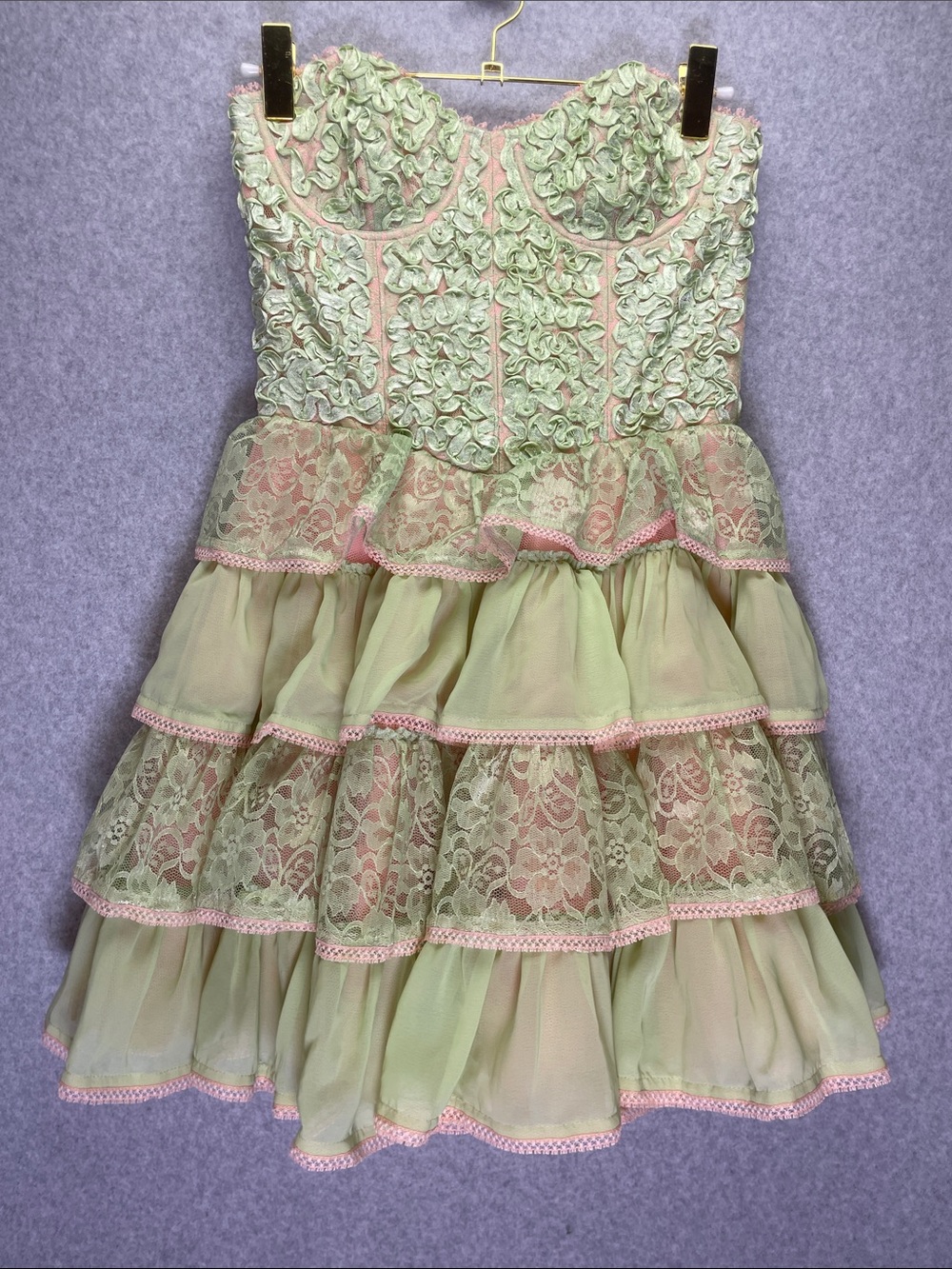VTGBetsey Johnson Fairycore Whimsygoth Y2K Sorbet Green/Pink Ruffle Corset Dress